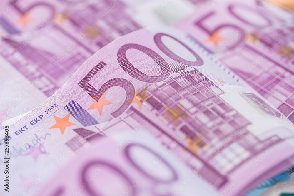 Close-up five houndred euro banknotes money and currency Close-up five houndred euro banknotes money and currency