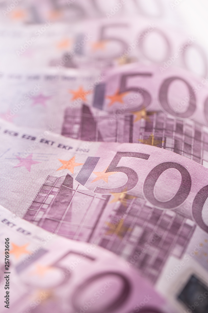 Close-up five houndred euro banknotes money and currency Close-up five houndred euro banknotes money and currency