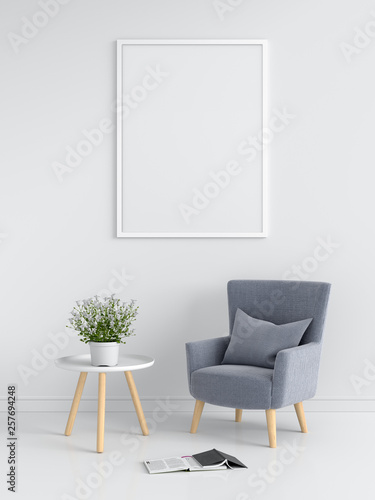 Blank photo frame for mockup in white living room, 3D rendering © wuttichai1983