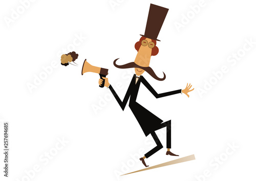 Man, megaphone and news illustration.  Cartoon mustache in the top hat man with megaphone makes announcement isolated on white