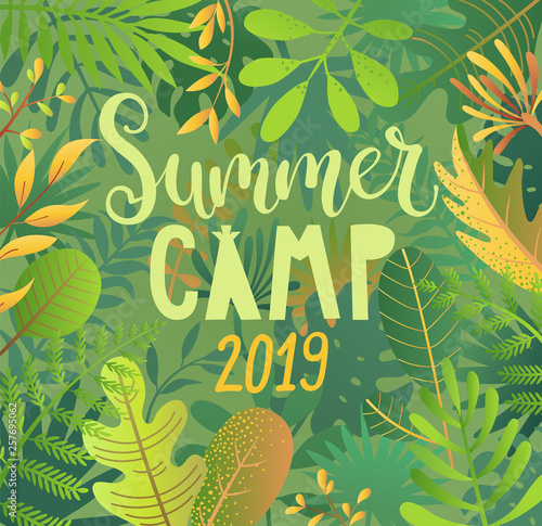 Summer camp 2019 lettering on jungle background with tropical leaves. Interesting adventure in jungle or forest, educational camping to making scouts. Outdoor recreation for kids. Vector illustration.