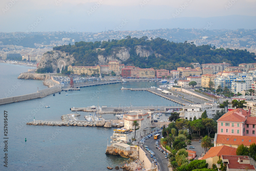 Fototapeta premium Panoramic view of the city of Nice, France in cloudy day. end of the season