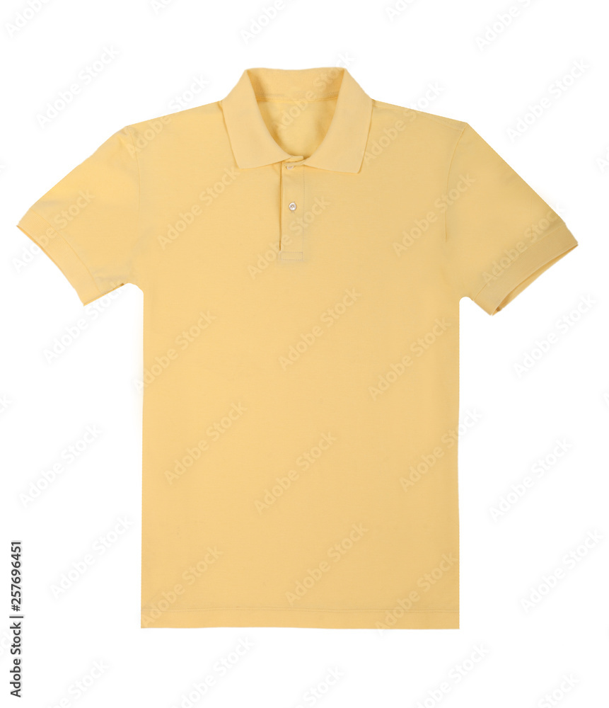 Closeup of yellow t shirt isolated. White design background. 