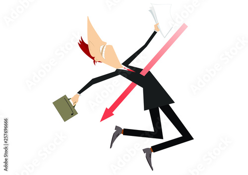 Businessman pierced with arrow sign concept illustration. Frightened man with bag and papers pierced with arrow sign isolated on white   