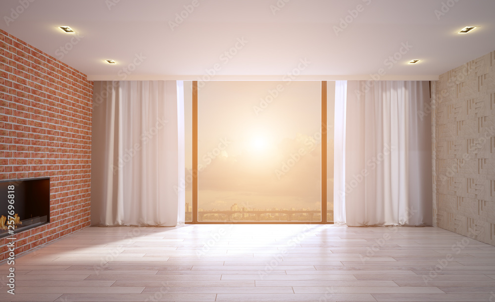 Empty living room with wooden and brick walls. Big window. Modern fireplace.. 3D rendering. Sunset Empty living room with wooden and brick walls. Big window. Modern fireplace.. 3D rendering. Sunset