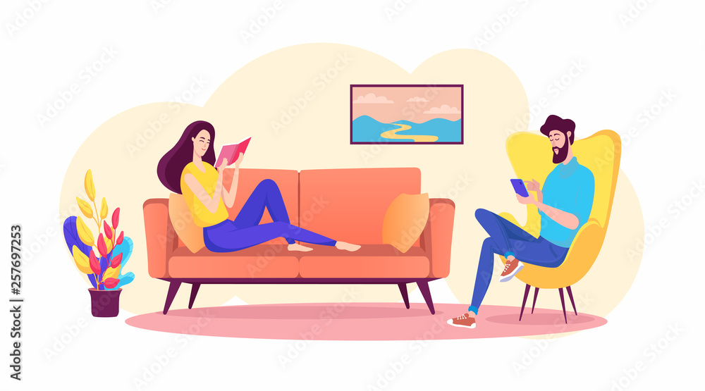 Obraz premium Color apartment interior design and resting couple of young people