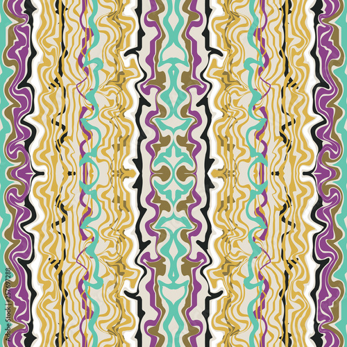 Abstract seamless pattern with mirrored symmetrical, warped stripe shapes in shades of purple, yellow, olive, aqua, turquoise, white, cream and black.