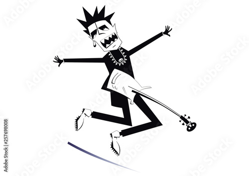 Jumping guitar player isolated illustration. Expressive guitarist is playing music with the great inspiration black on white illustration