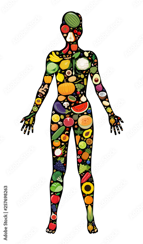Set of fruit and vegetable icons forming woman`s body shape. Vector illustration which represent healthy vegetarian diet with fresh fruit and vegetable. Vegetarian food icons.