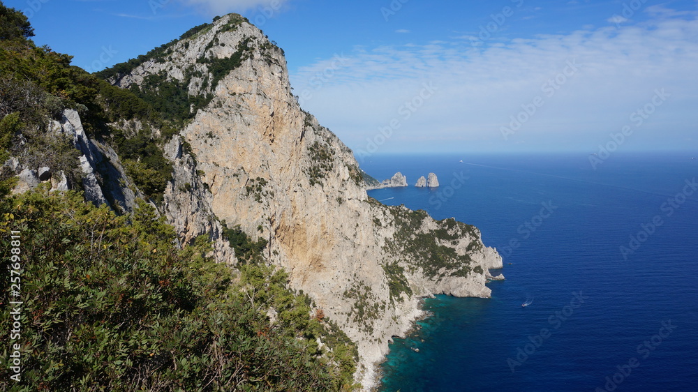 View from a cliff on the island of Capri, Italy, and rocks in the sea