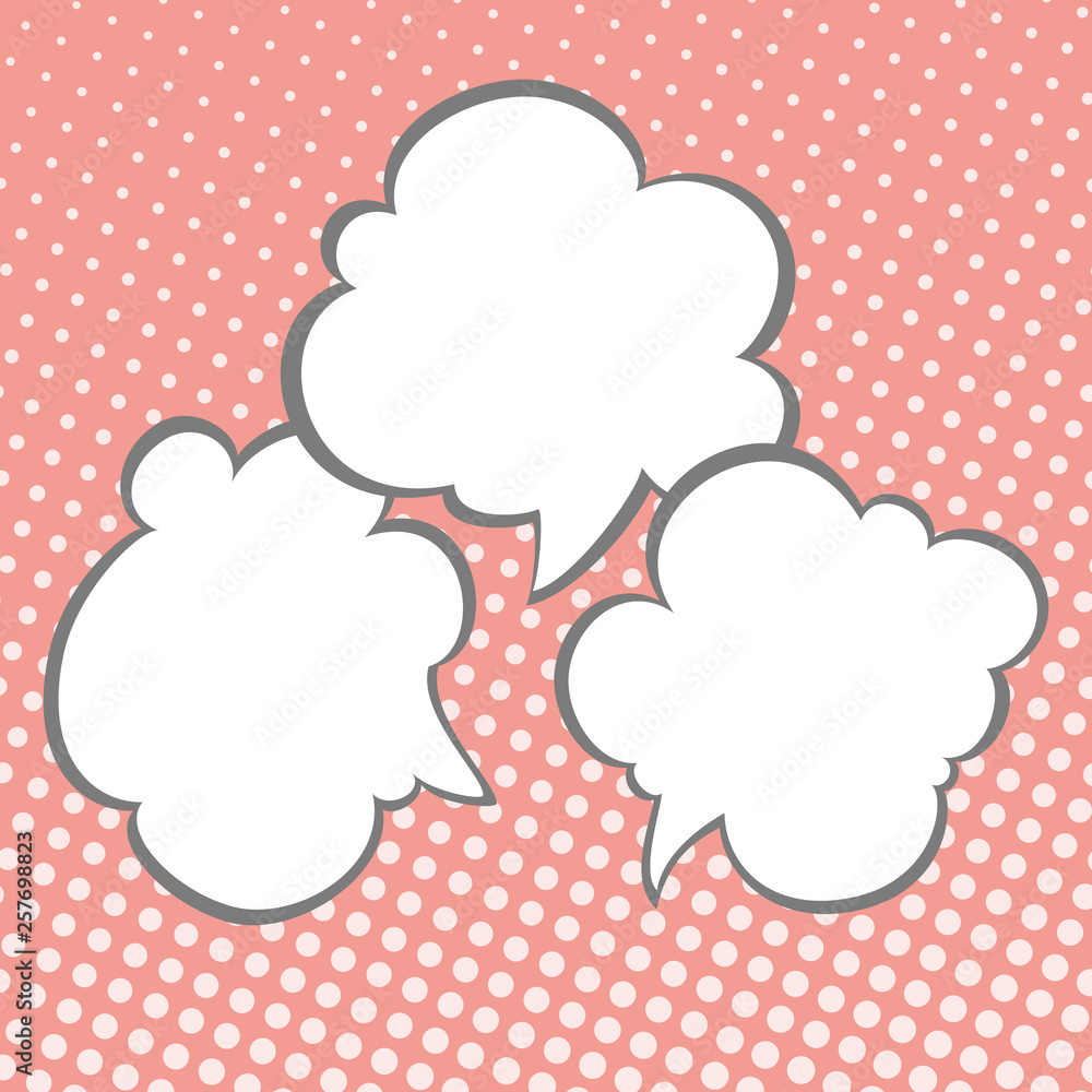 Speech Bubbles on Coral Background with Dots ,Three Speech Bubbles on Pop Art Halftone Background, Conversation in Retro Style, Vector Illustration