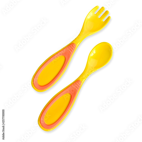 Baby plastic fork and spoon, isolated on white, clipping path