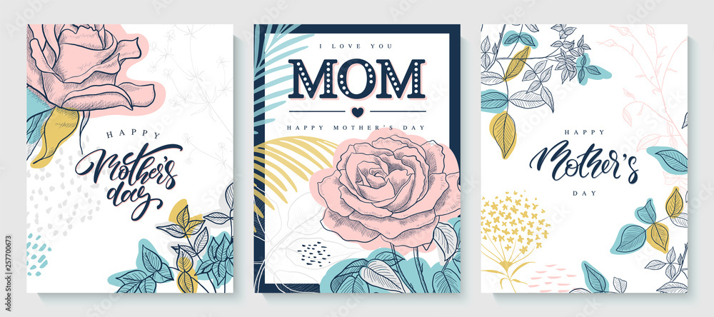 Set of greeting cards Happy Mother's day. Beautiful hand-drawn roses, plants and lettering. Vector illustration.