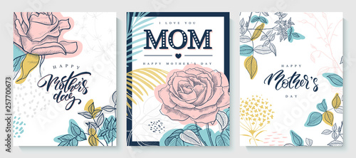 Set of greeting cards Happy Mother s day. Beautiful hand-drawn roses  plants and lettering. Vector illustration.
