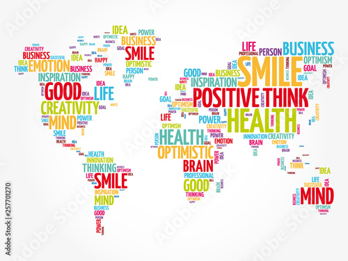 Positive thinking word cloud in shape of world map, creative concept background