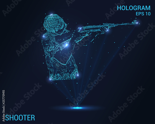 Hologram shooter. Digital and technological background of the rifle. Futuristic shooting range design.