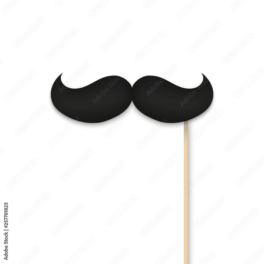 Realistic black mustaches on a stick. Template design for masquerade, holiday, party. Retro vintage art. - obrazy, fototapety, plakaty 