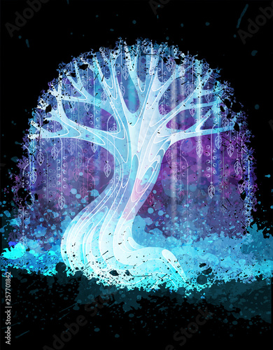 Magic surreal tree in the night. Grunge vector illustration. Suits for poster or background