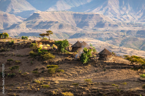 ETHIOPIA, small farm with traditional tucul-houses on a ridge near Lalibela