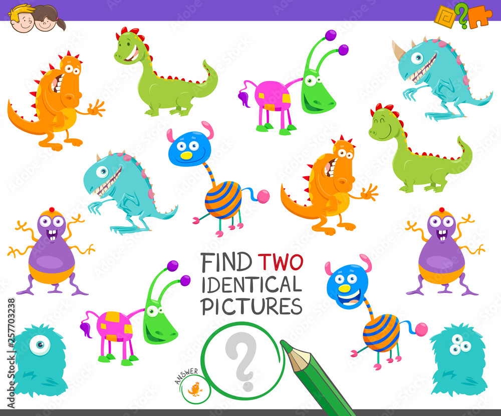 Obraz premium find two identical monsters task for children