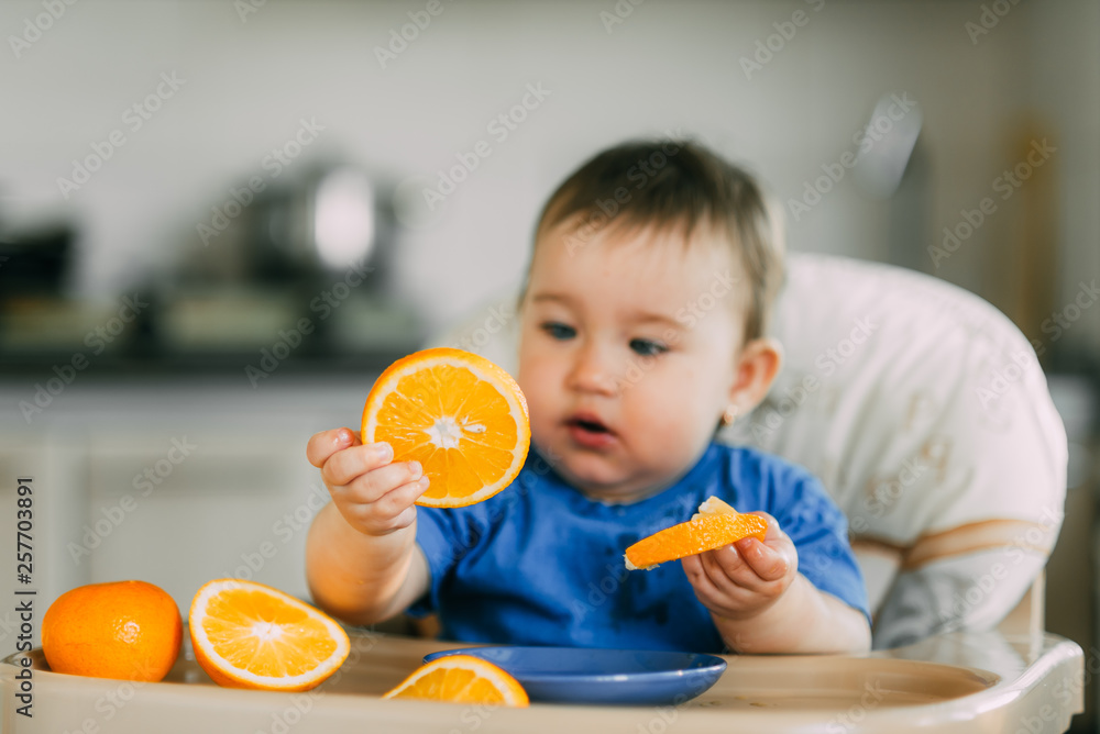little girl sitting in baby chair, eating an orange little girl sitting in baby chair, eating an orange