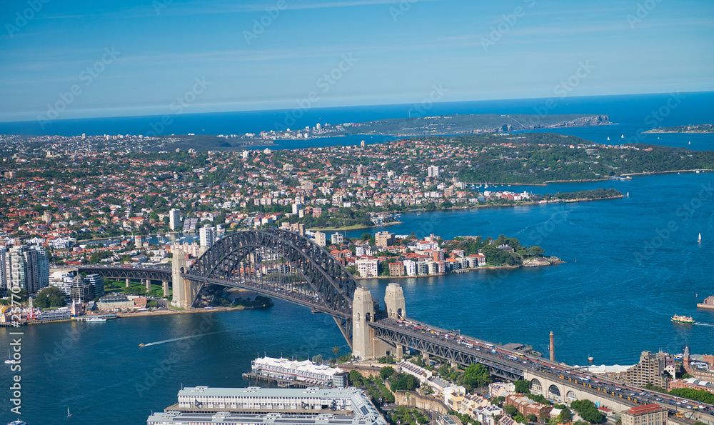 Aerial view of Sydney Harbor Bridge, city symbol, Australia