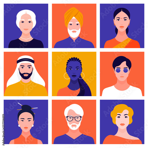 Set of portraits of people of different races, nations and ages. Collection of portraits and avatars for social networks. Vector flat illustration