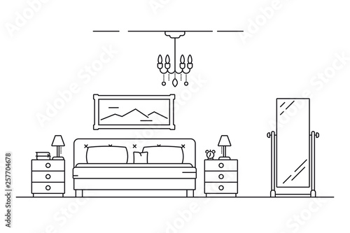 Bedroom interior line art vector illustration
