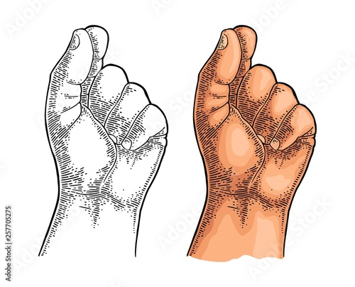 Male hand holding a virtual card. Vector color vintage engraving