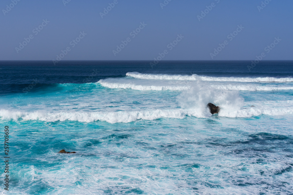 Spain, Lanzarote, Beautiful rough ocean splashing at rocks at west coast of the island Spain, Lanzarote, Beautiful rough ocean splashing at rocks at west coast of the island