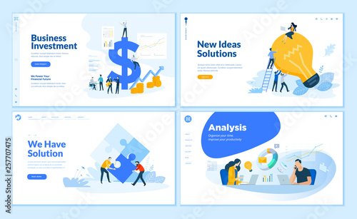 Web page design templates collection of business solution and analysis, startup, innovative ideas, investment. Flat design vector illustration concepts for website and mobile website development.