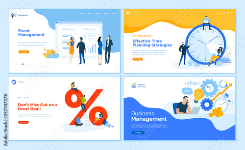Web page design templates collection of event management, business management, e-commerce, time management. Flat design vector illustration concepts for website and mobile website development.