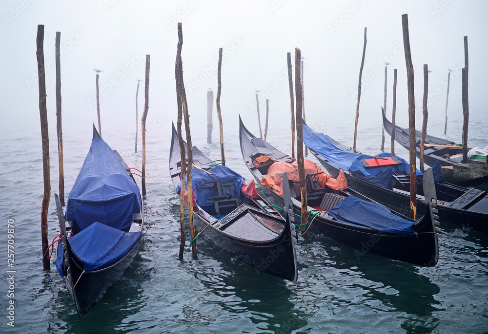 Gondolas moored in the mist on the Grand Canal Venice