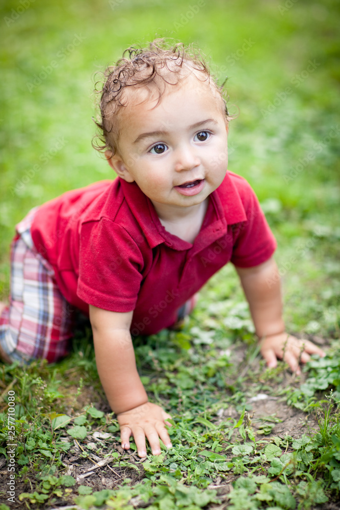 Happy Toddler Boy Crawling in Grass Outside - Color Portrait Happy Toddler Boy Crawling in Grass Outside - Color Portrait