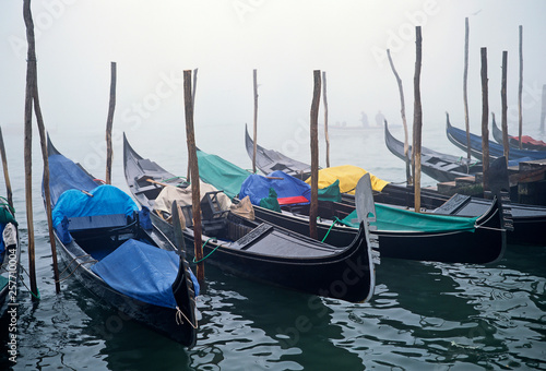 Gondolas moored in the mist on the Grand Canal Venice © Garden Guru