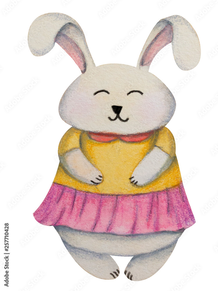 Obraz premium Easter or birthday bunny (rabbit) girl in dress. Hand drawn watercolor and colored pencil illustration.