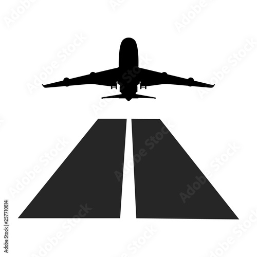 An airplane taking off at sunset in the mountains. Vector illustration