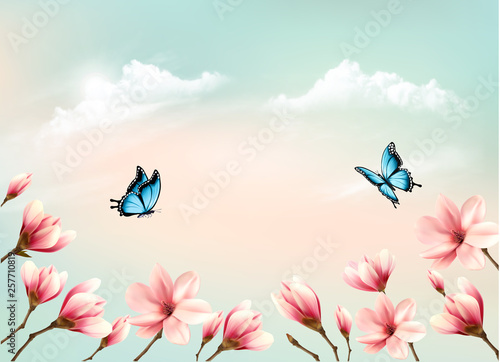 Nature spring background with a pink magnolia branches on blue sky. Vector.