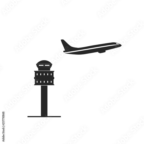 Illustration of a Plane Flying Away from a Control Tower at Sunset