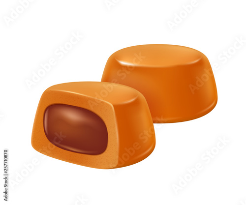 Toffee caramel with chocolate filling realistic illustration.