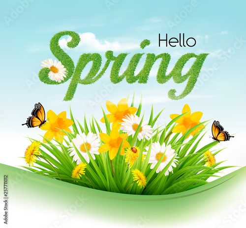 Nature spring background with a green grass and flowers and butterflies. Vector.