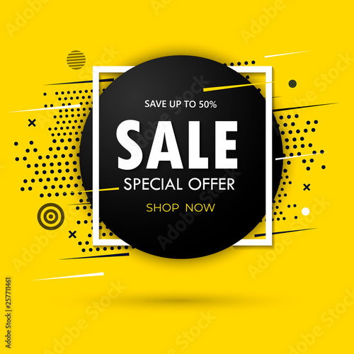 Super Sale and special offer. 50 off. Vector illustration. Trendy neon geometric figures wallpaper in a modern material design style. Coloured banner
