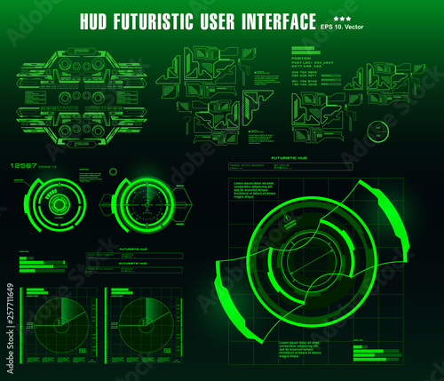 Futuristic green virtual graphic touch user interface, target. HUD dashboard display virtual reality technology screen