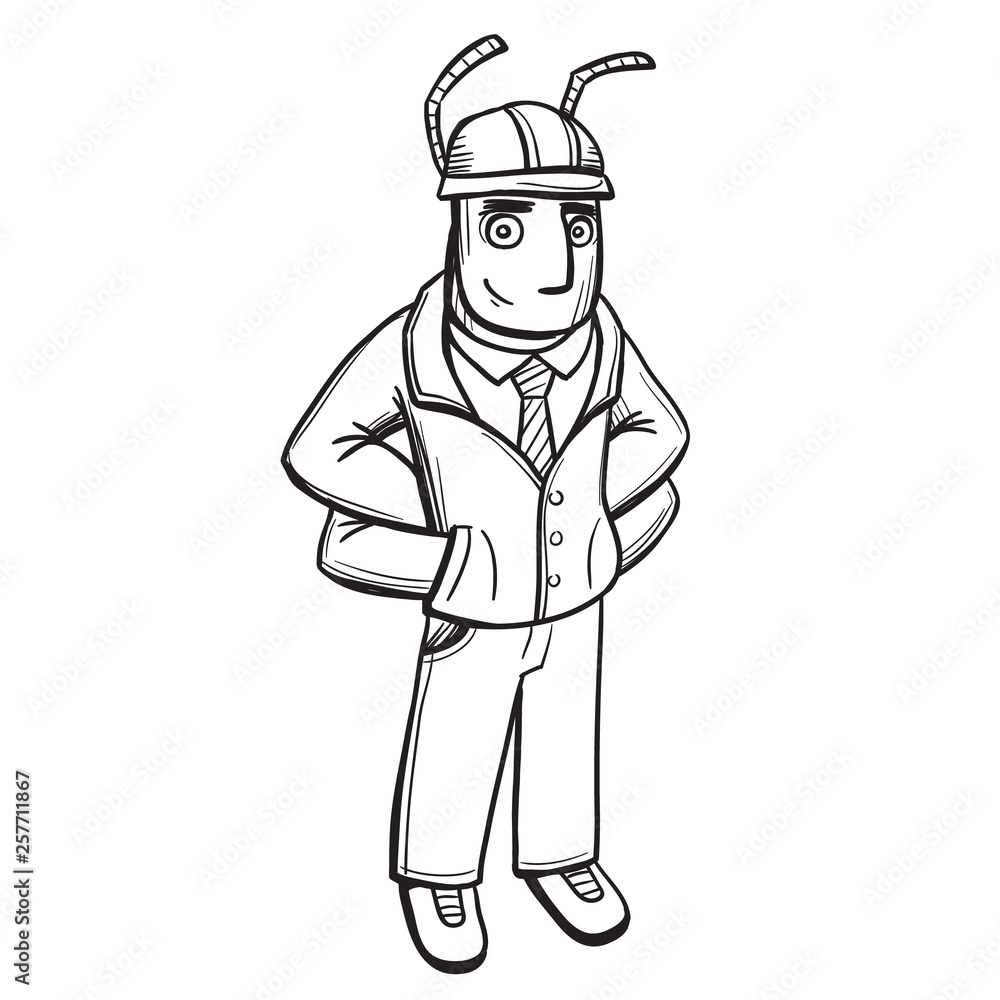 Anthropomorphous humanized ant builder foreman. Hand drawn black and white sketch line art, vector Anthropomorphous humanized ant builder foreman. Hand drawn black and white sketch line art, vector