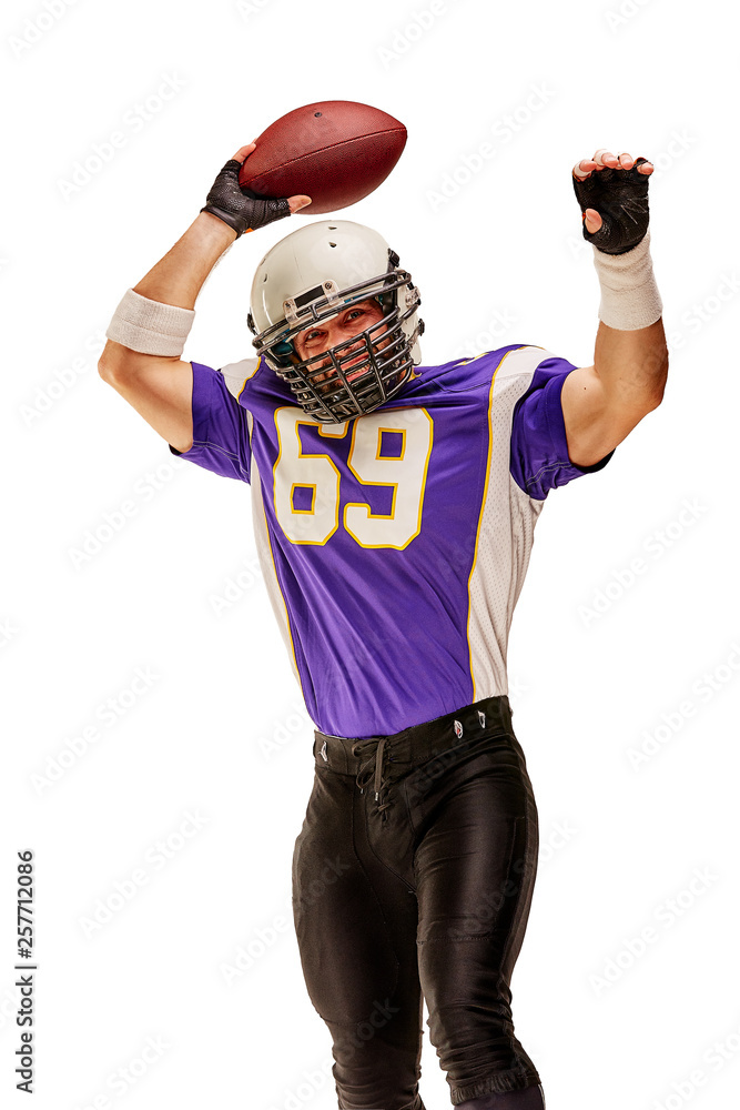 Football Player in action with ball in the hand isolated on white background.