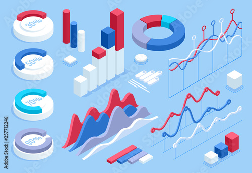 Flat 3d isometric infographic for your business presentations. Big set of infographics with data icons, world map charts and design elements.