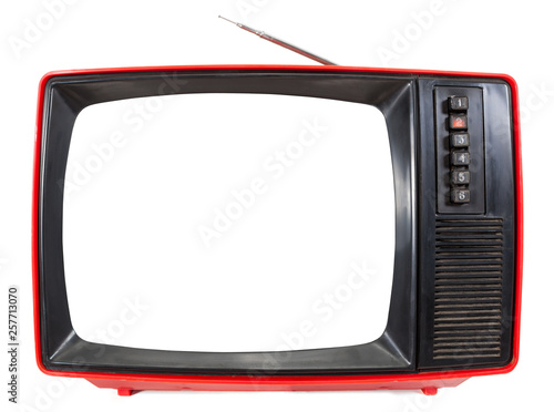 Vintage portable TV set with cutout screen isolated on white