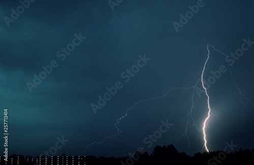 A lightning bolt with side branches hits the earth in a town close to Gouda, The Netherlands