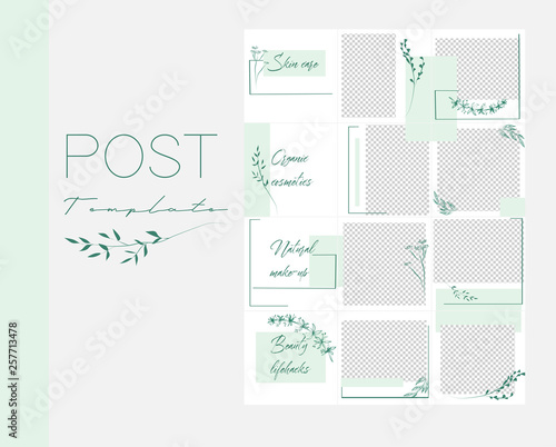  Design backgrounds for social media banner.Set of Instagram post frame templates.Vector cover. Mockup for beauty blog or cosmetic shop. Endless square green puzzle layout for promotion.