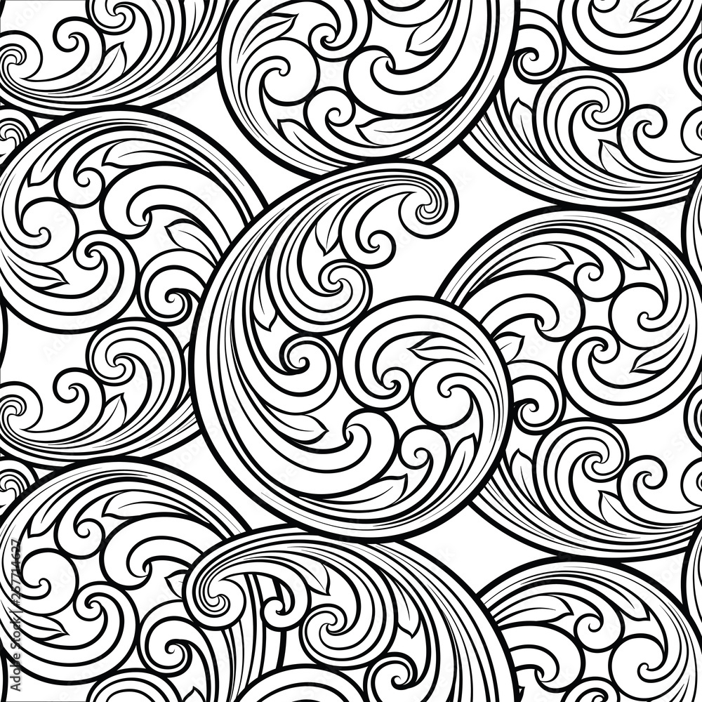 Seamless baroque scrolls line pattern in eastern or arabic style. Exquisite monochrome texture. Black and white graphic background, lace pattern Seamless baroque scrolls line pattern in eastern or arabic style. Exquisite monochrome texture. Black and white graphic background, lace pattern